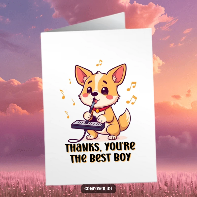 Funny free printable thank you card of a determined dog composer, mid-bark, creating music with a happy wagging tail and bright eyes.