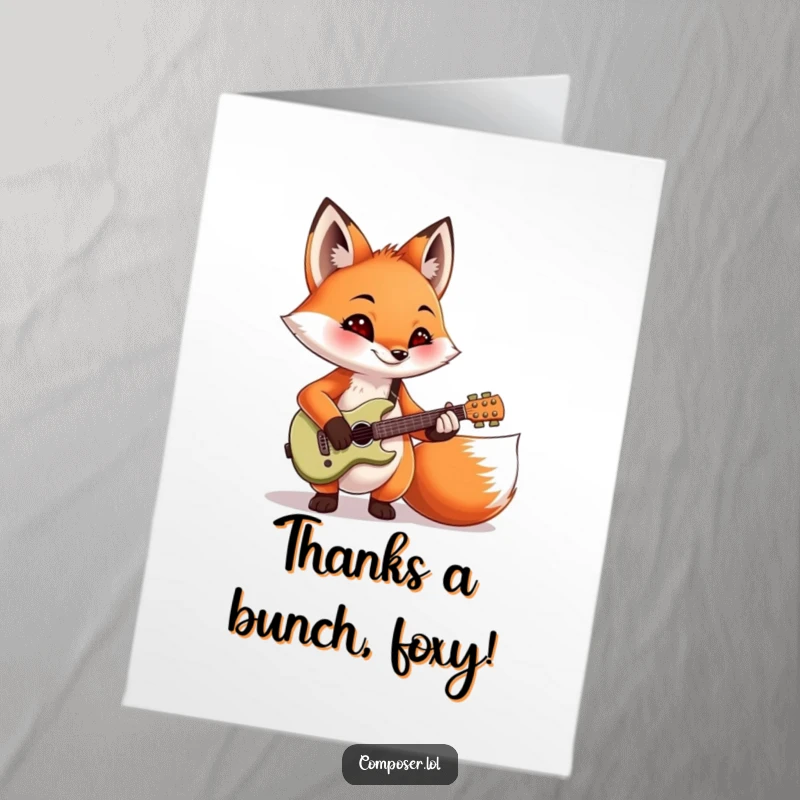 Funny Free Printable Thank You Card: A happy fox playing a miniature guitar to express sincere thanks.