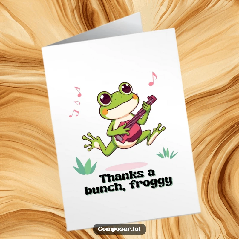 Funny free printable thank you card of a joyful frog composer, leaping with delight as it composes a cheerful, catchy tune.