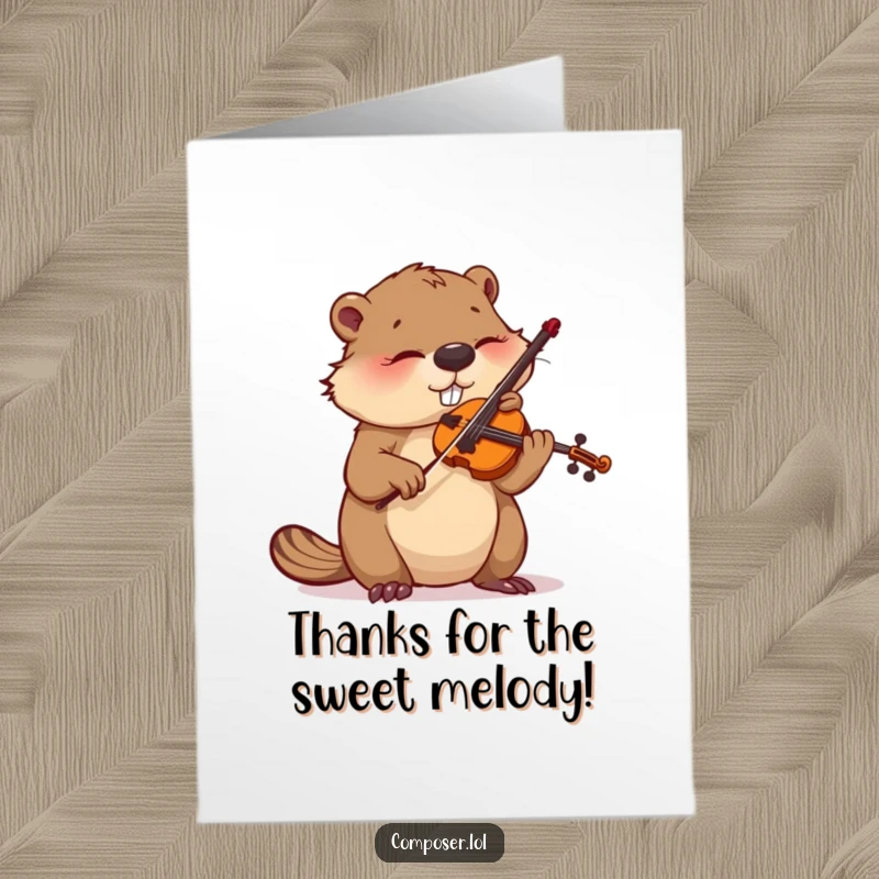 Funny Free Printable Thank You Card: A beaver with intense focus meticulously tunes a violin, expressing thanks.