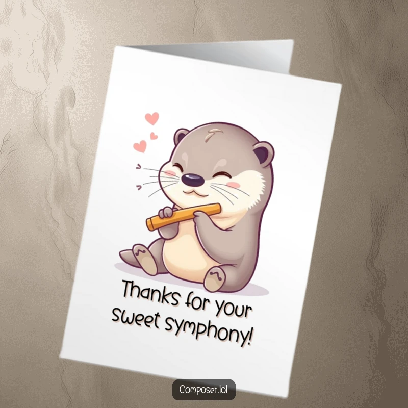 Funny Free Printable Thank You Card: A sweet otter blows into a miniature flute, sighing happily with gratitude.