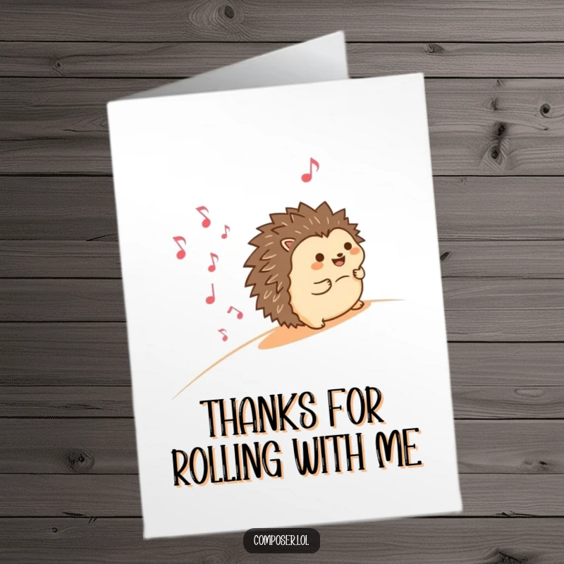 Funny Free Printable Thank You Card: A cheerful hedgehog rolls downhill, scattering happy musical notes, a delightful expression of thanks.