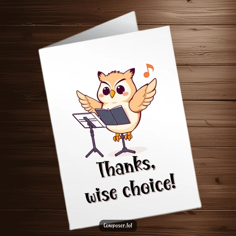 Funny Free Printable owl composer pointing at a musical note, conveying sincere thanks with a cheerful expression.