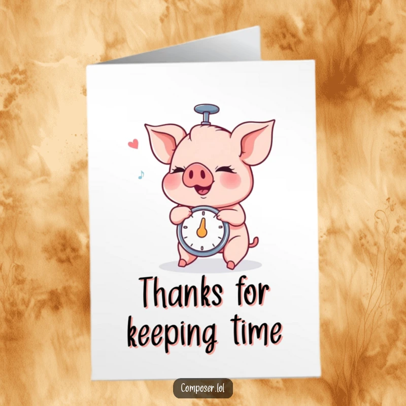 Funny Free Printable Thank You Card features a diligent piglet concentrating intensely on spinning a metronome, perfect for showing appreciation.