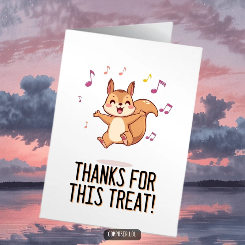 Funny Free Printable Thank You Card: A playful squirrel leaping between musical notes, expressing heartfelt thanks.