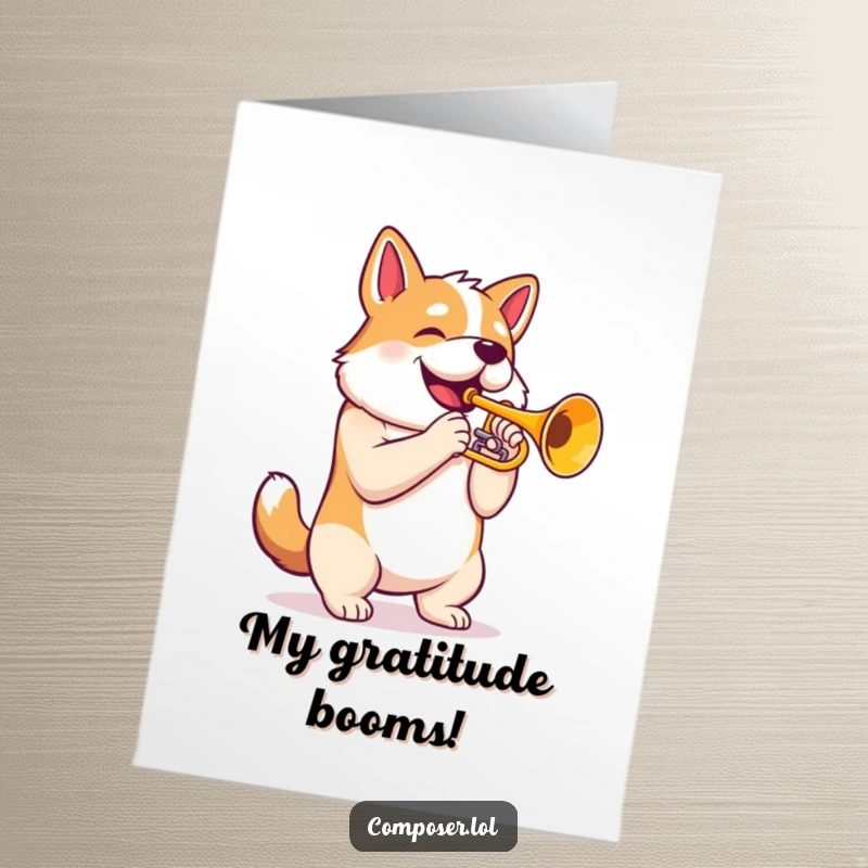 Funny Free Printable Thank You Card: A proud dog with a puffed chest plays a trumpet, sending musical thanks.
