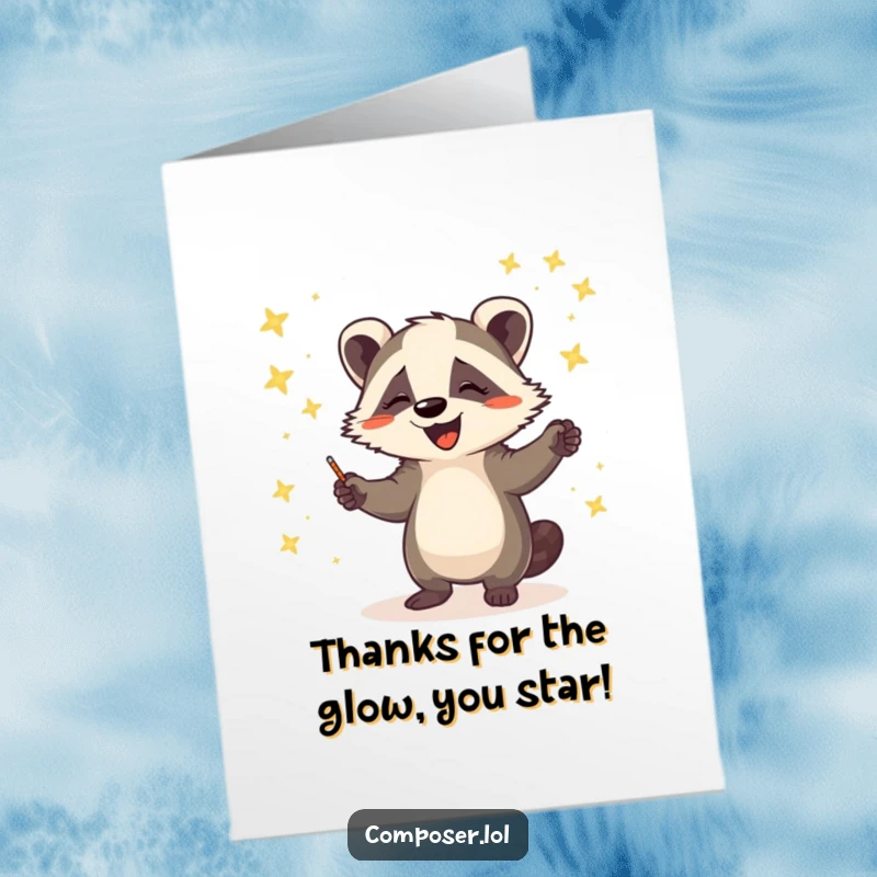 Funny Free Printable Thank You Card: Happy badger orchestra conductor leading fireflies, a whimsical expression of gratitude.