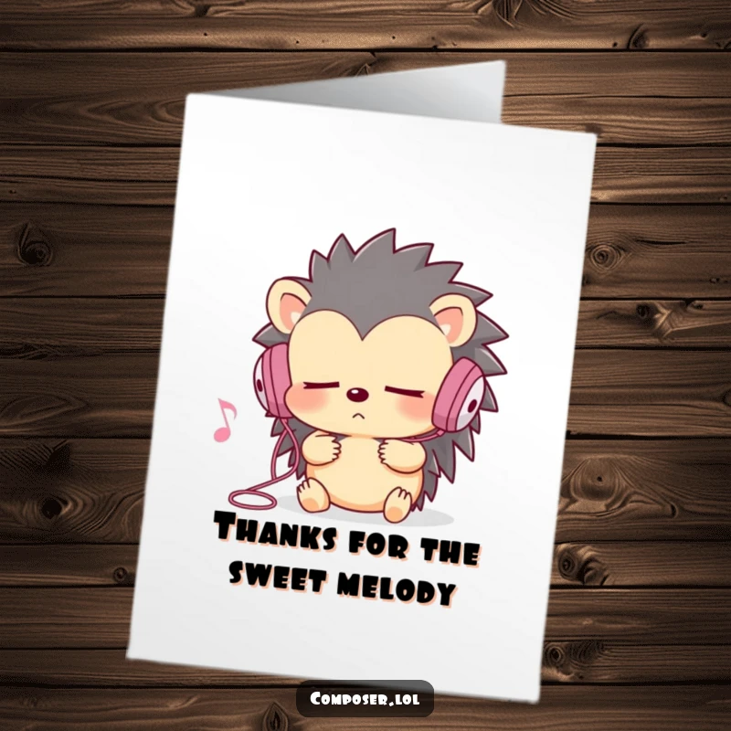 Funny Free Printable Thank You Card: Hedgehog with earbuds, eyes closed, enjoying a beautiful song, conveying deep thanks.