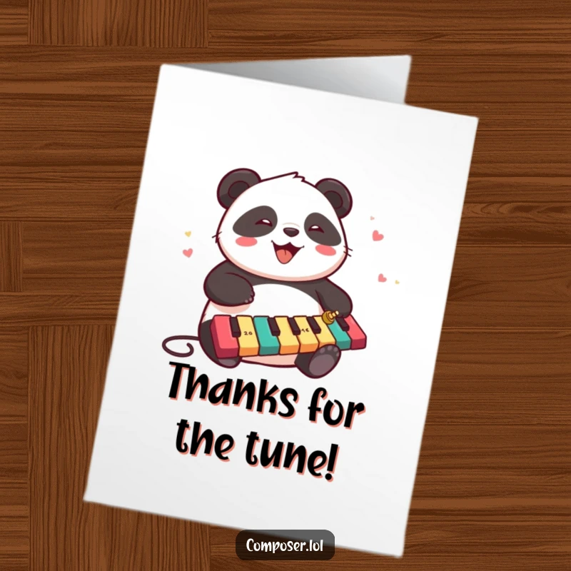 Funny Free Printable Thank You Card: Chubby panda playing a xylophone, creating a beautiful melody of thanks.