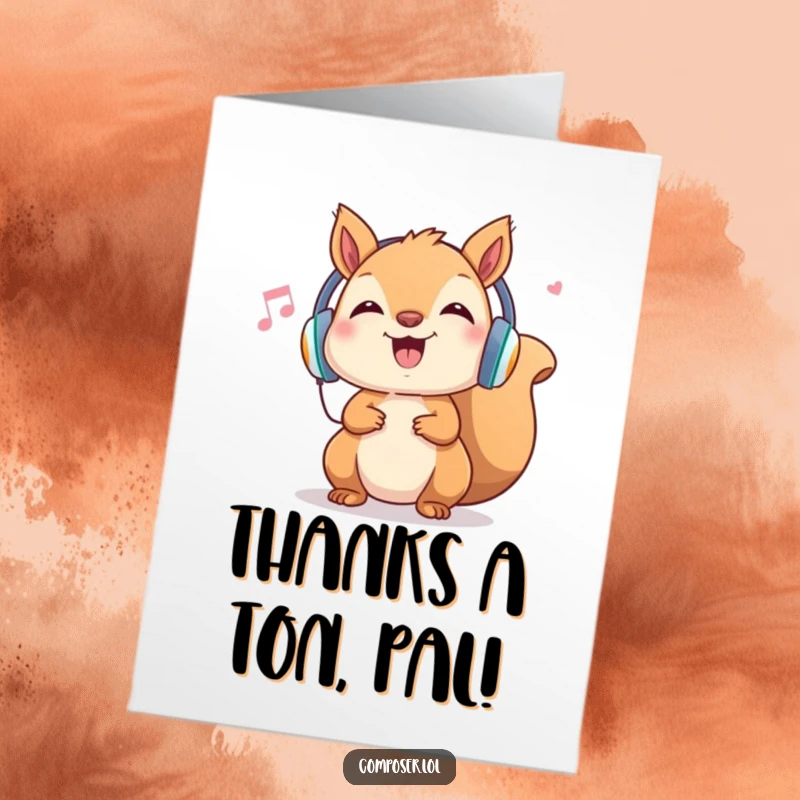 Funny Free Printable Thank You Card: Adorable squirrel DJ with headphones, sending musical thank you vibes with a smile.