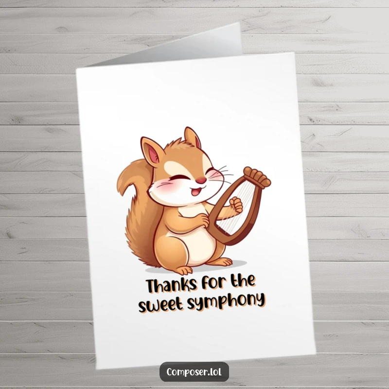 Funny free printable thank you card with a winking squirrel composer impressively playing a tiny harp with swift, nimble paws.