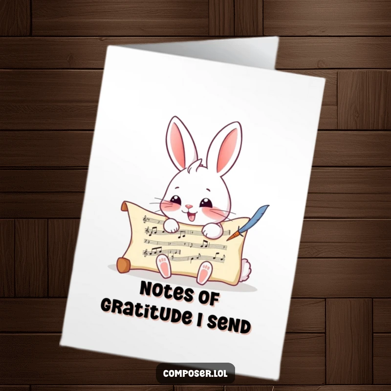 Funny Free Printable Thank You Card: Giggling rabbit diligently writing musical notes on a scroll with a quill.