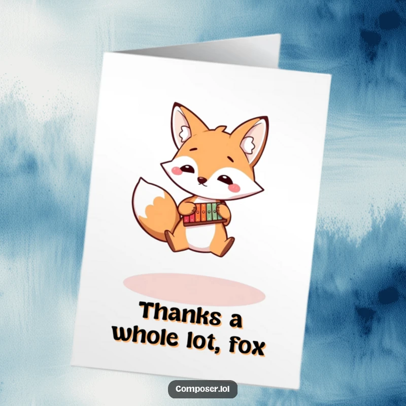 Funny Free Printable Thank You Card: Bouncy fox character leaps while playing a tiny xylophone, expressing thanks.