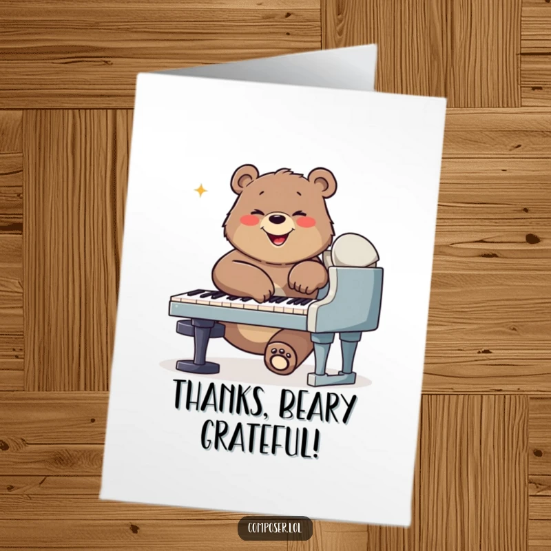 Funny Free Printable bear composer playing a piano with enthusiasm, a giant smile conveying heartfelt thanks.