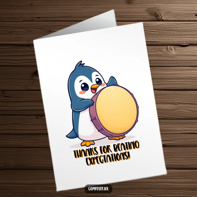 Funny Free Printable Thank You Card: Playful penguin with big eyes enthusiastically pounds a giant drum, showing thanks.