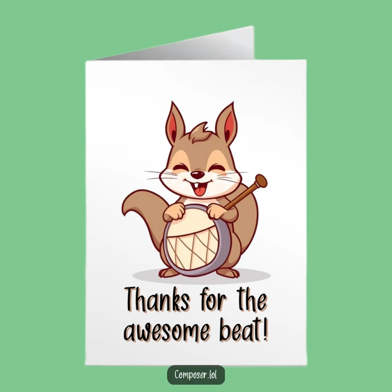 Free Printable Thank You Card: Funny Squirrel Drummer Expressing Gratitude, Downloadable Greeting for a Musical Thanks