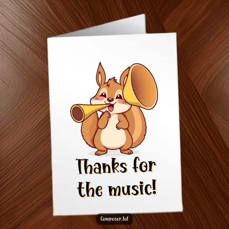 Funny Free Printable Thank You Card: Squirrel playing a huge französ horn to say thanks with gusto.