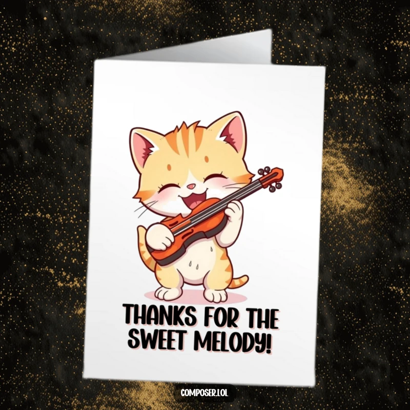 Funny Free Printable Thank You Card: A playful kitten with exaggerated delight plays a tiny violin, showing thanks.