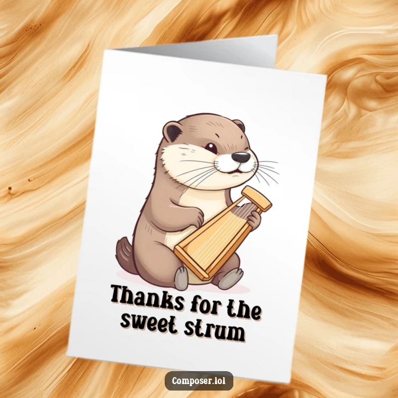 Funny Free Printable Thank You Card: Determined otter plays a tiny harp with delicate finesse, showing gratitude.