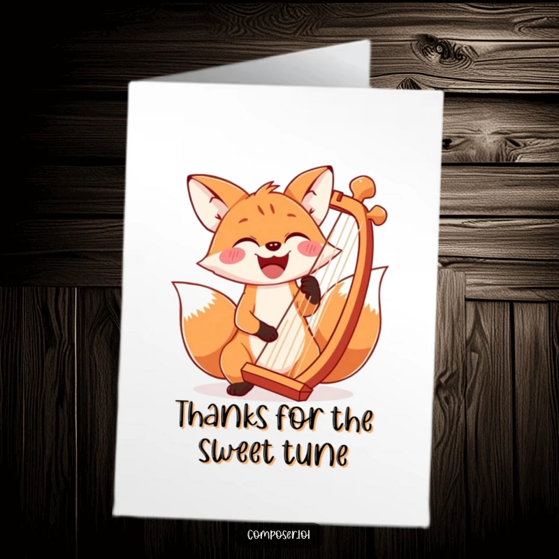 Funny Free Printable Thank You Card: A joyful fox smiling widely, strumming a giant harp, sending heartfelt thanks musically.