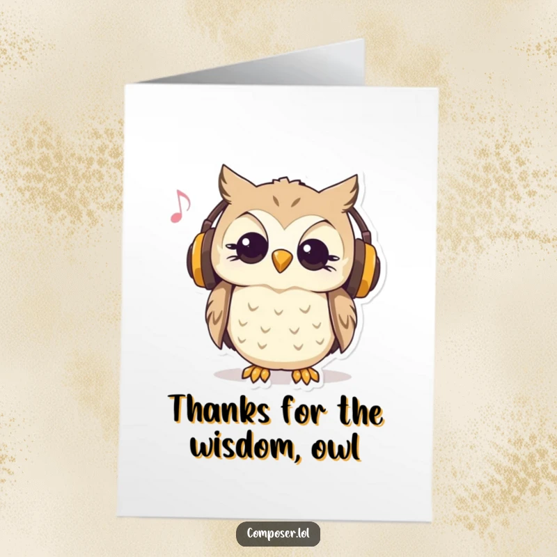 Funny Free Printable Thank You Card: Owl in headphones nods along to music, expressing thanks.