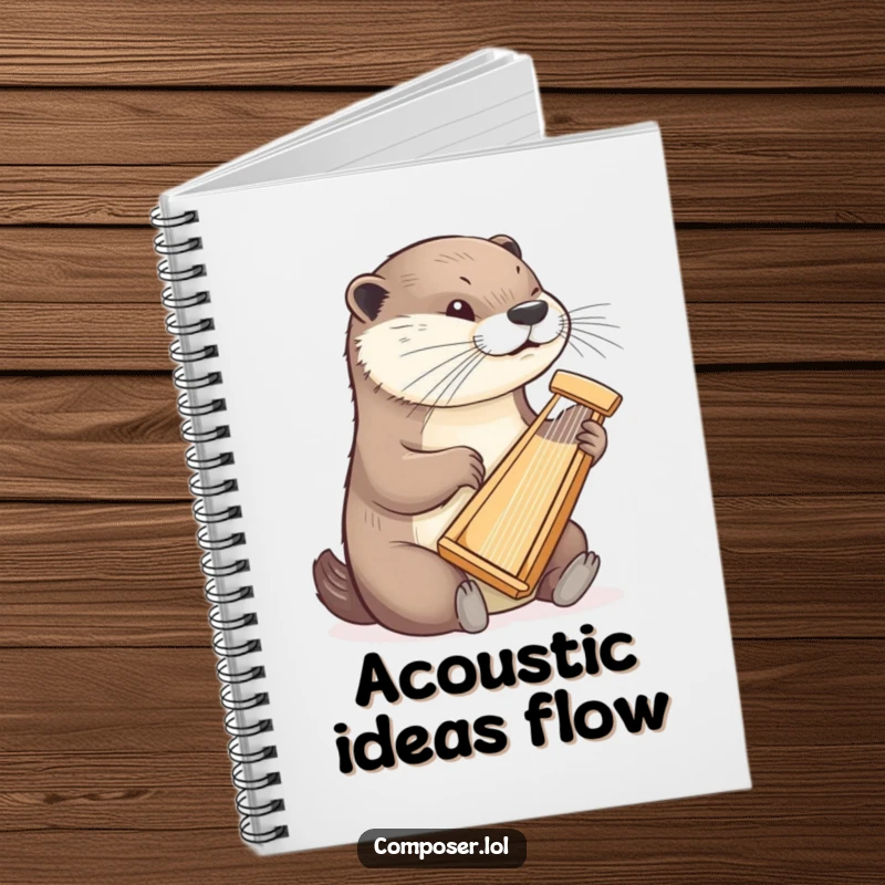Funny otter notebook featuring a determined otter playing a tiny harp, ideal for jotting down notes with a musical theme.