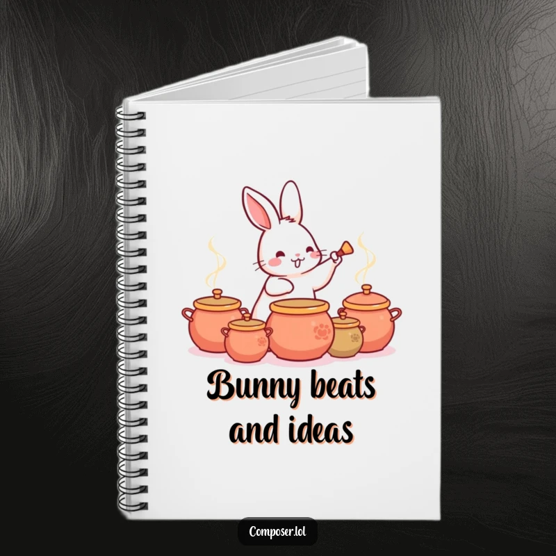 Funny Rabbit Drummer Notebook, featuring a joyful rabbit tapping a lively rhythm on a collection of pots.