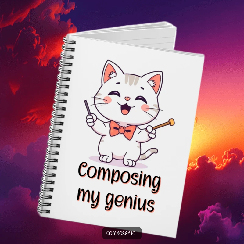Funny notebook with a happy cat in a tiny bow tie conducting with a baton, perfect for capturing creative thoughts.
