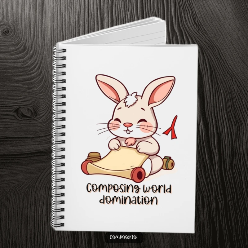 Funny rabbit diligently writing on a scroll, nose wiggling, on the cover of a notebook. Great for writers.