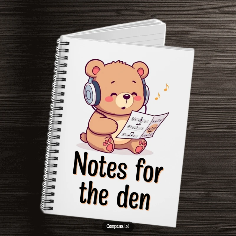 Funny notebook featuring a studious bear wearing headphones and humming to sheet music, for notes.
