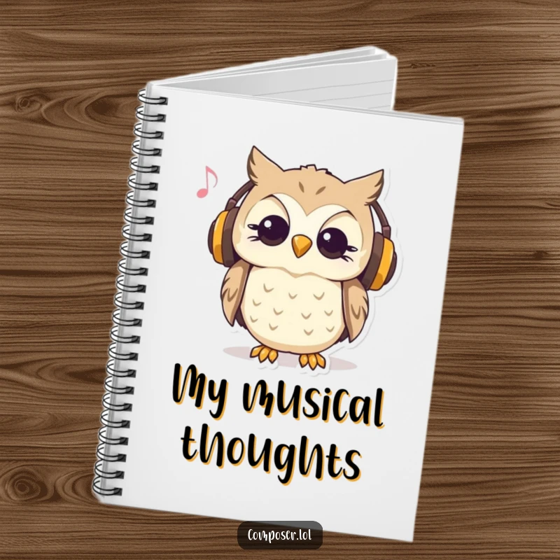Funny notebook with a curious owl wearing headphones and nodding to music, inspiring creative writing.
