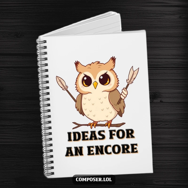 Funny owl notebook featuring a curious owl conducting with a feather baton, perfect for jotting down notes humorously.