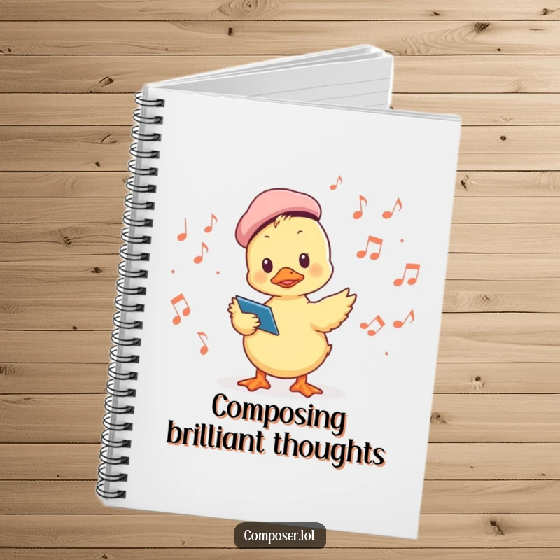 Funny notebook featuring a duckling conductor in a beret leading musical notes, inspiring creative thoughts and musical ideas.