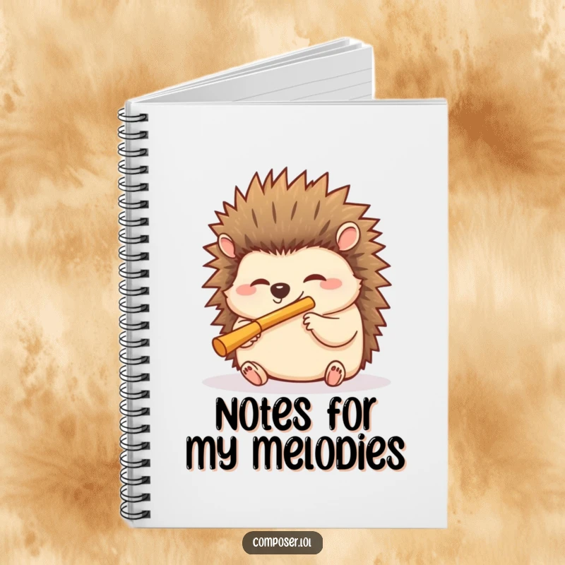 Funny hedgehog notebook featuring a giggling hedgehog blowing into a miniature flute, ideal for jotting down notes with a musical theme.