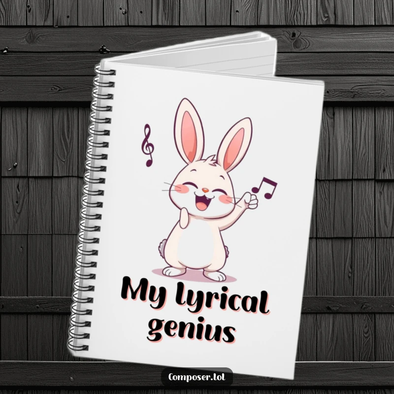 Funny giggling cartoon rabbit composer tapping musical notation on a notebook cover, encouraging musical creativity.