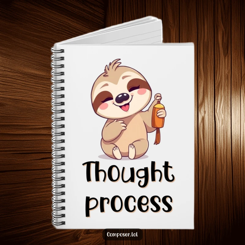 Funny goofy sloth playing a single chime on a lined notebook cover, perfect for slow and steady note-taking.