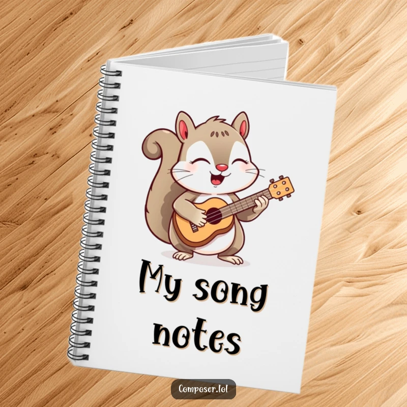Funny notebook cover with a happy squirrel enthusiastically playing a miniature ukulele, perfect for writers and music lovers.