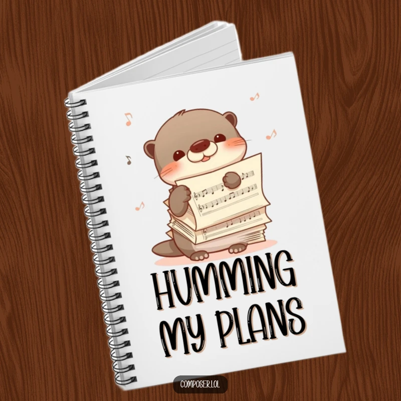Funny notebook featuring a shy otter peeking from behind sheet music, humming happily, perfect for writing music or daily thoughts.