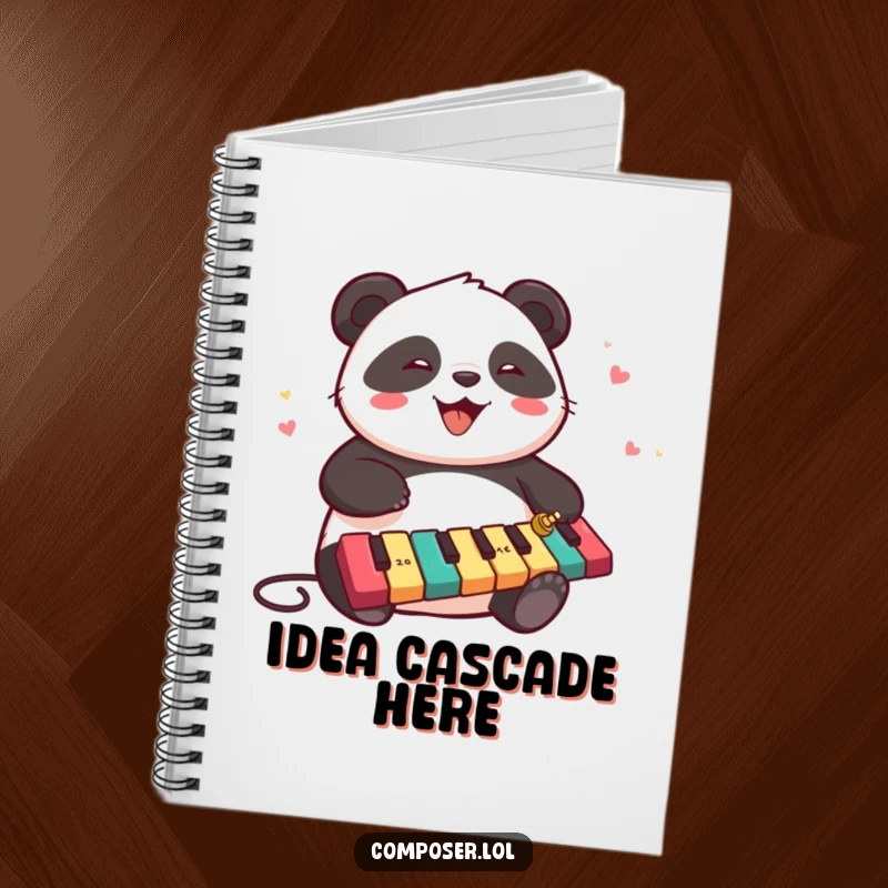 Funny chubby panda playing a xylophone on a lined notebook cover, perfect for jotting down musical ideas.