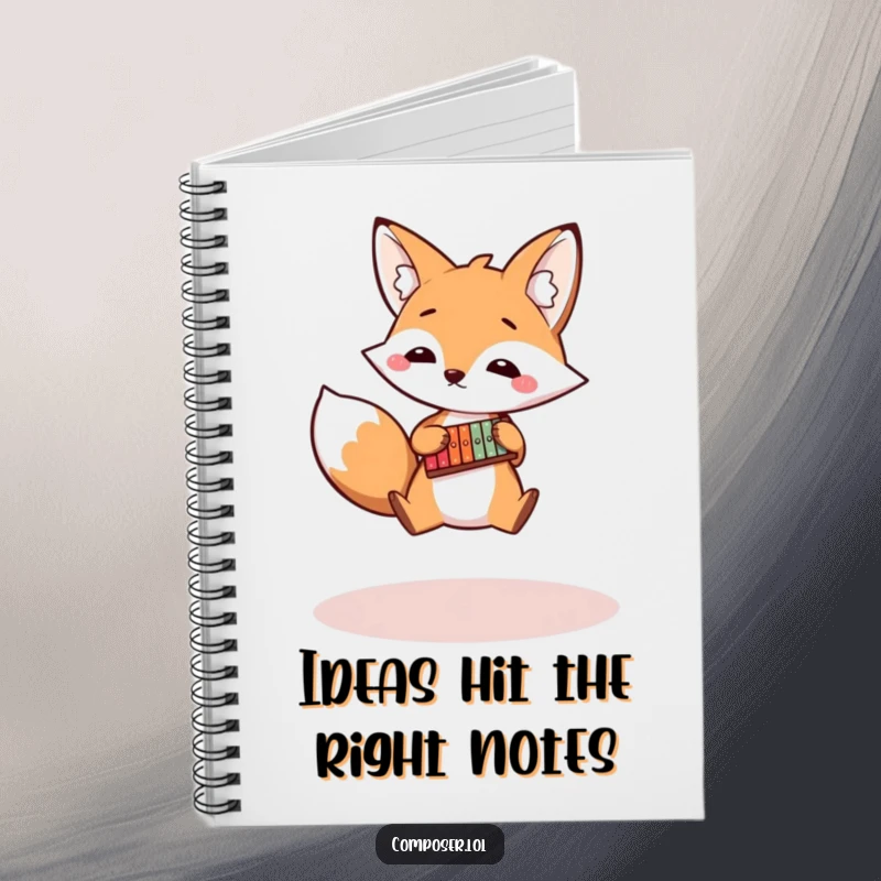 Funny fox notebook featuring a bouncy fox playing a tiny xylophone, ideal for jotting down notes with a musical theme.