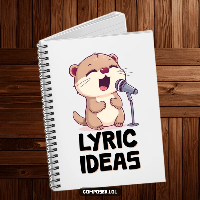 Funny sweet otter singing into a microphone on a lined notebook cover, perfect for jotting down lyrics.