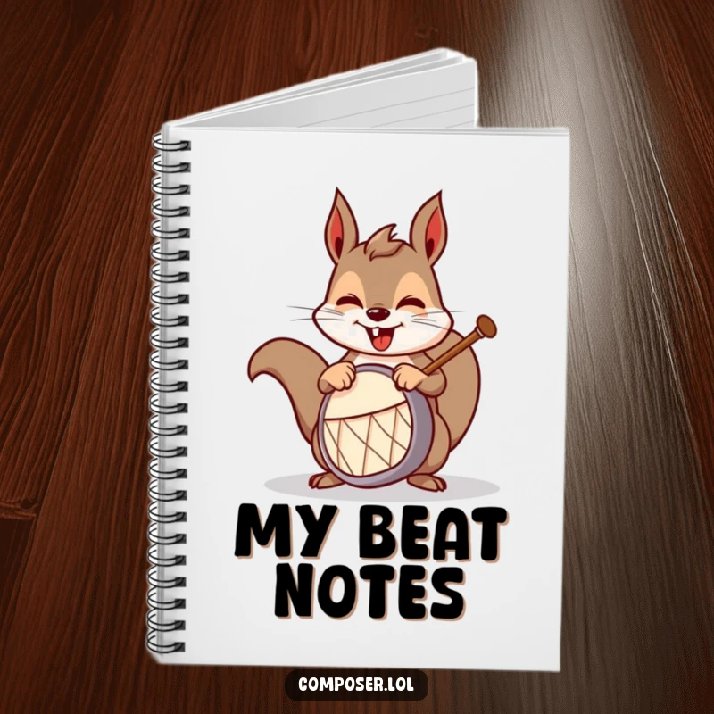 Funny squirrel drummer notebook, featuring a mischievous squirrel playing a drum, ideal for capturing notes with musical humor.
