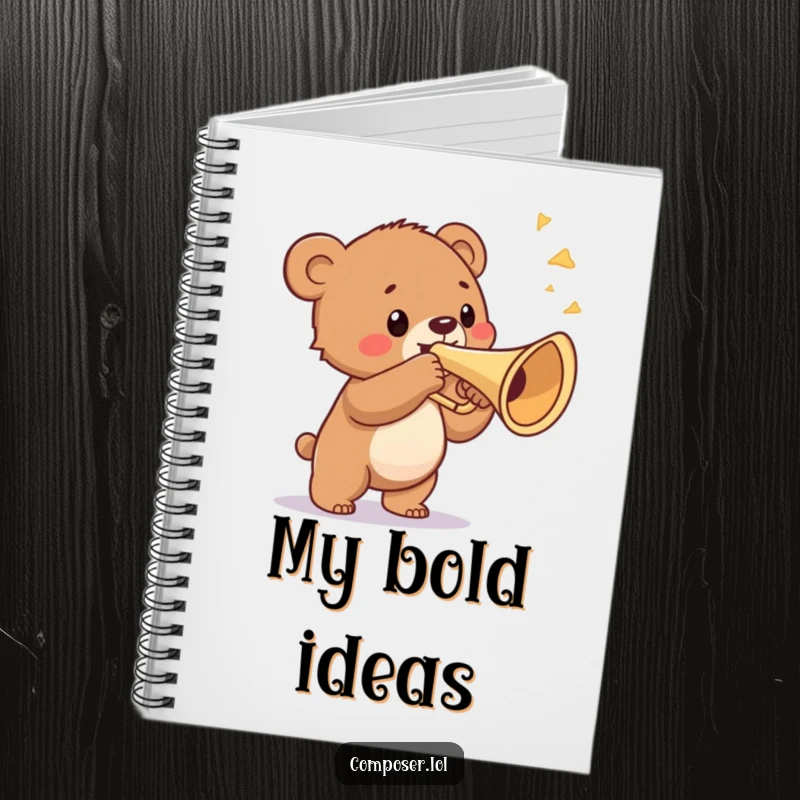 Funny notebook featuring a proud bear cub blowing a ridiculously large trumpet, perfect for writing music or daily plans.
