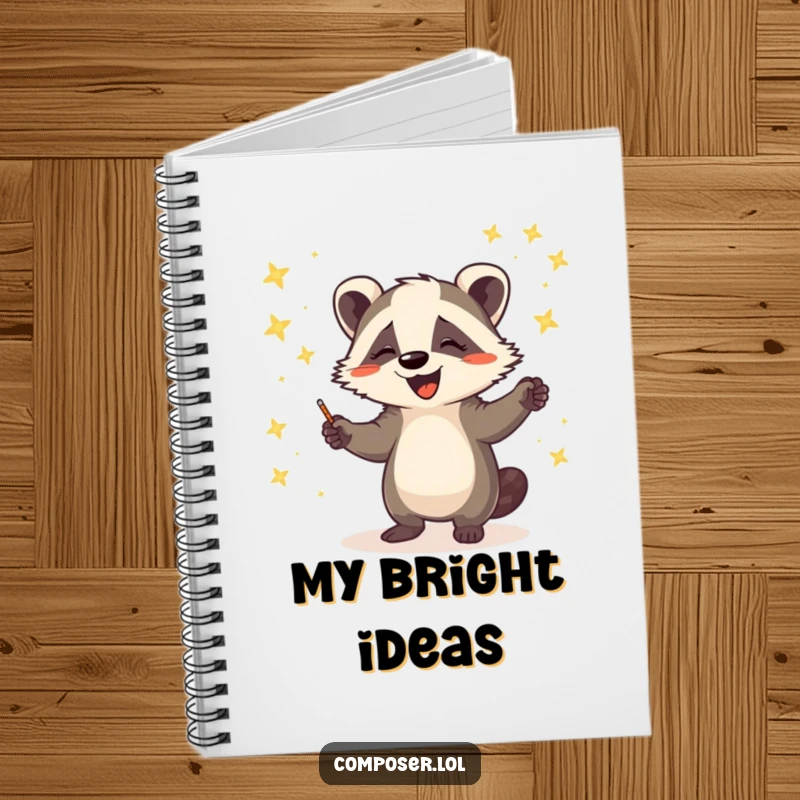 Funny notebook cover with a happy badger leading a vibrant orchestra of luminous fireflies, ideal for creative minds.