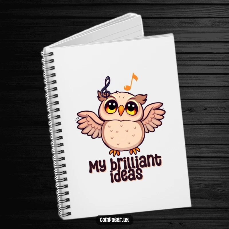 Funny cartoon owl looking up at a glowing musical staff on a notebook, inspiring creative writing.