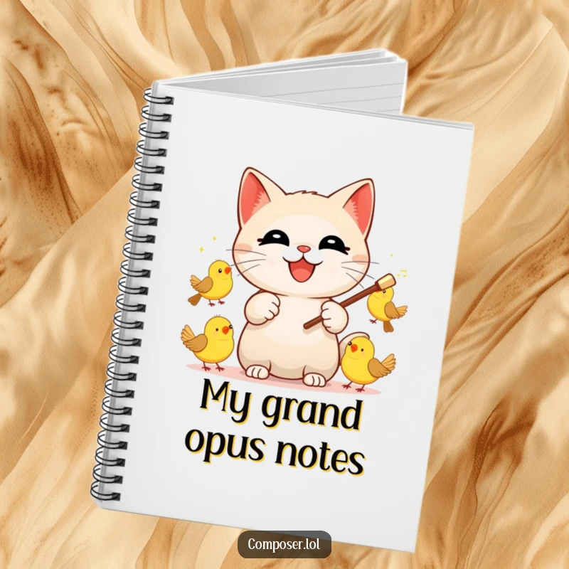 Funny Cat Conductor Notebook, featuring a joyful cat orchestrating a concert of birds with a conductor's baton.