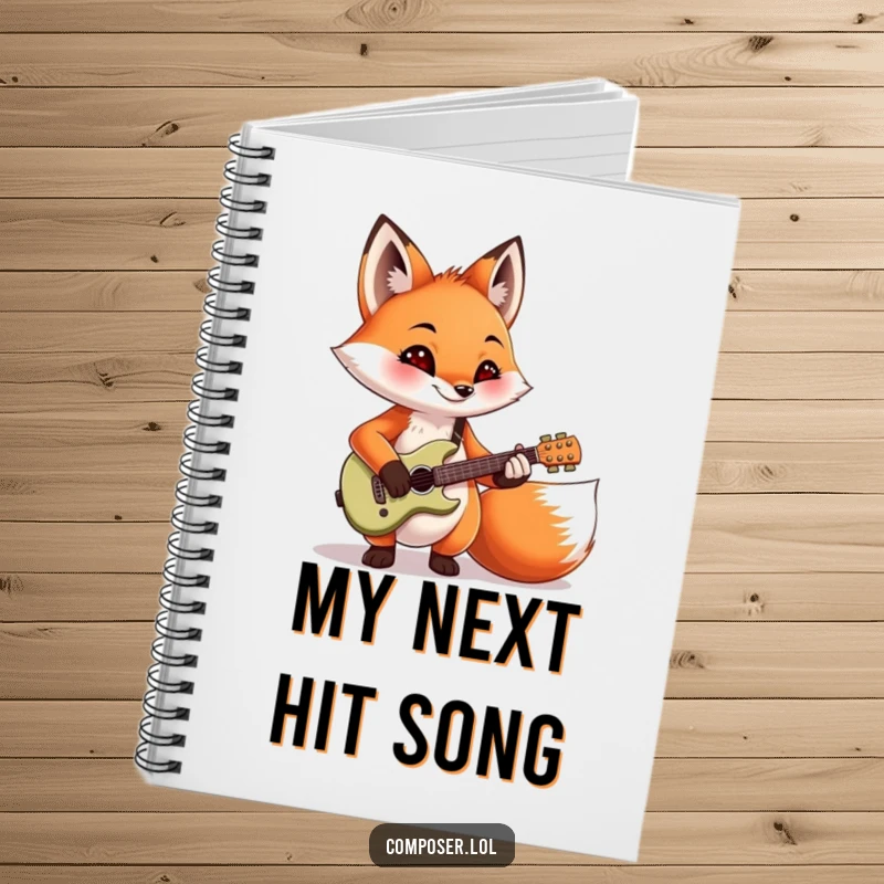 Funny, mischievous fox playing a miniature guitar, depicted on the cover of a notebook. Great for musicians and writers.
