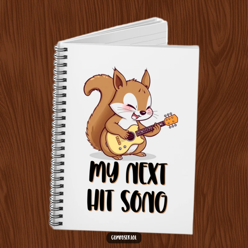 Funny notebook cover featuring a determined cartoon squirrel meticulously tuning a miniature guitar with focused joy, perfect for jotting down notes with inspiration.