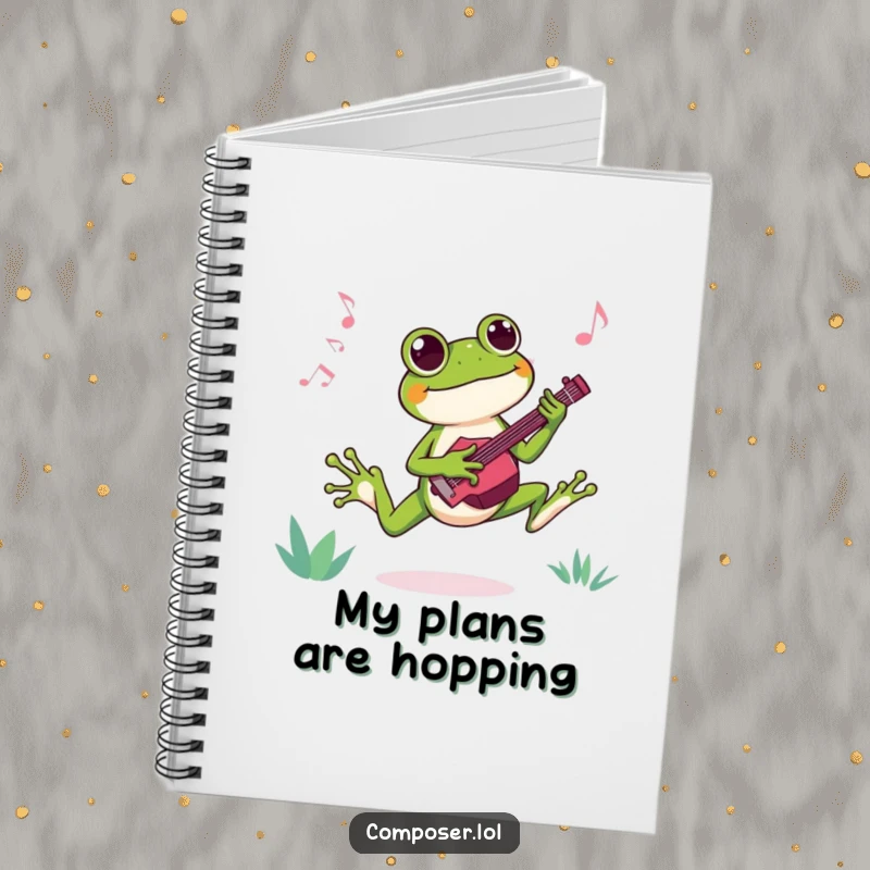 Funny notebook featuring a joyful frog composer leaping and composing a catchy tune, perfect for jotting musical ideas.