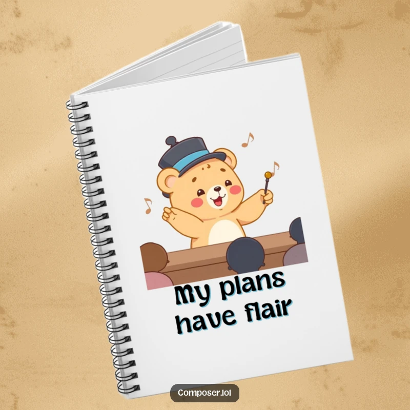 Funny Notebook showing a happy cartoon bear cub wearing a smart hat and conducting an orchestra, for writing.